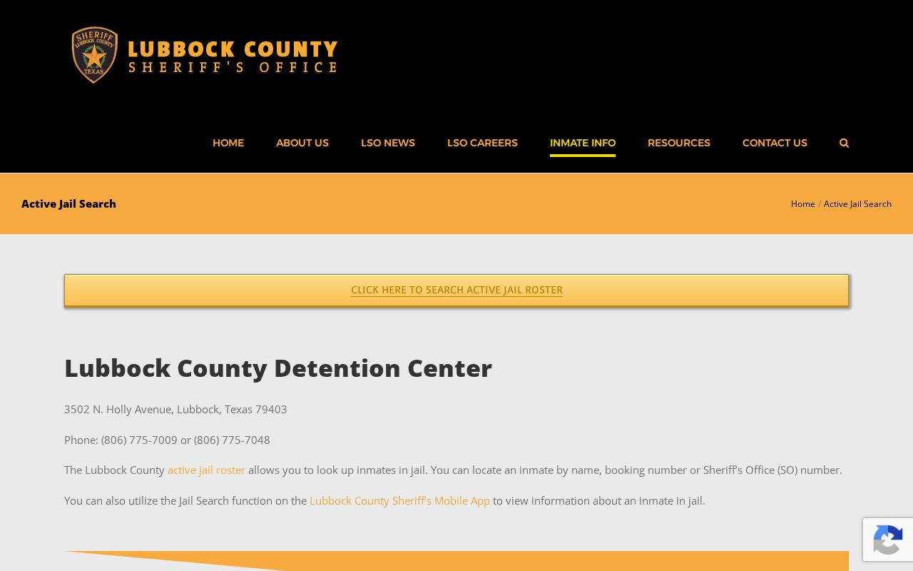 Lubbock County active jail roster gateway for current custody booking searches