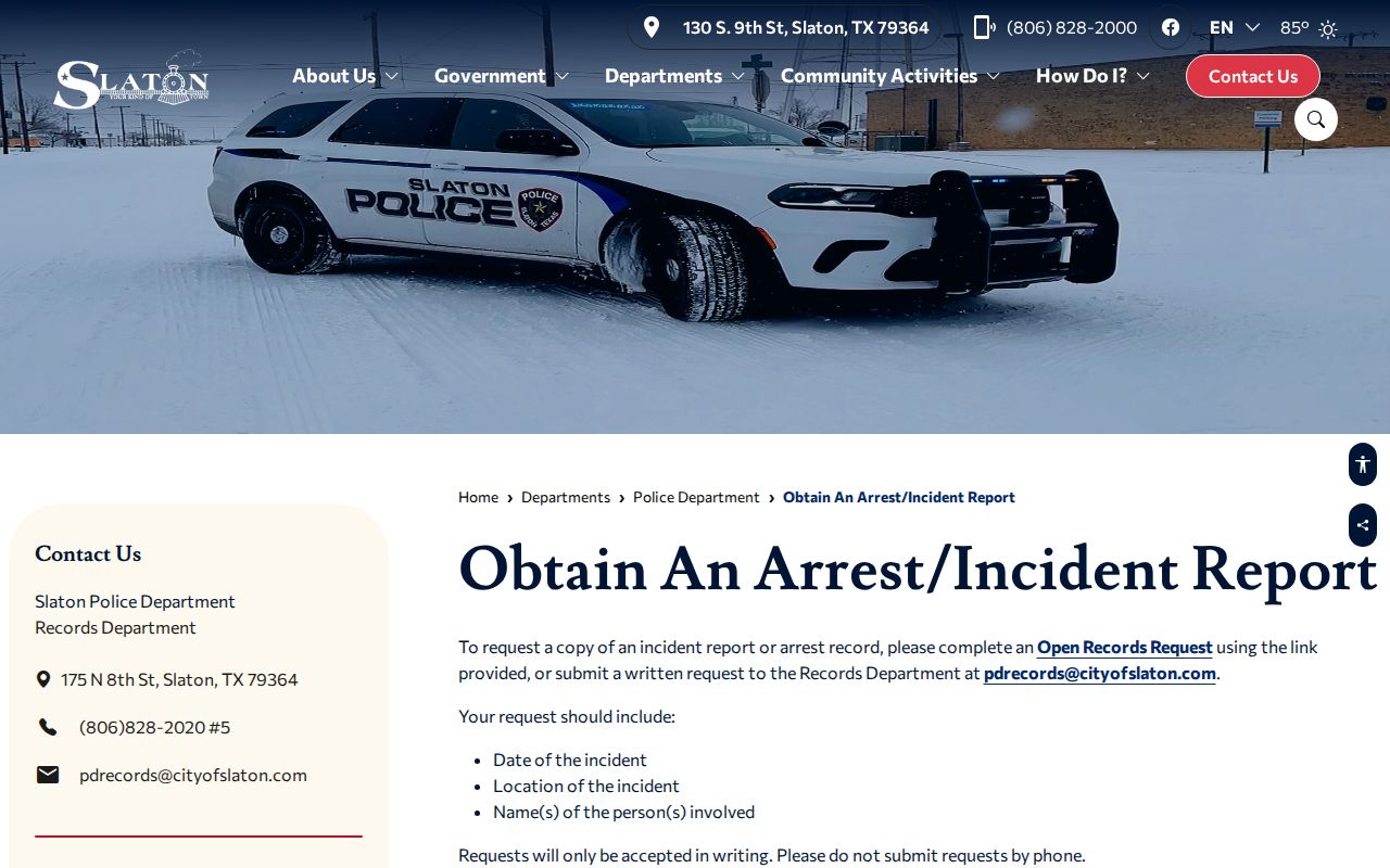 Lubbock County Slaton Police arrest-record request information